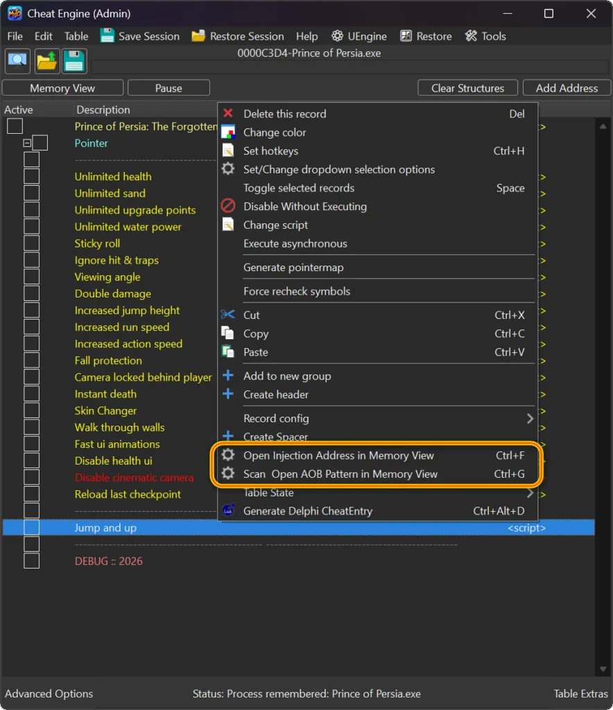 MiTools - Tools Cheat Engine plugin showing shortcuts for Memory Viewer and Auto Assembler workflows.