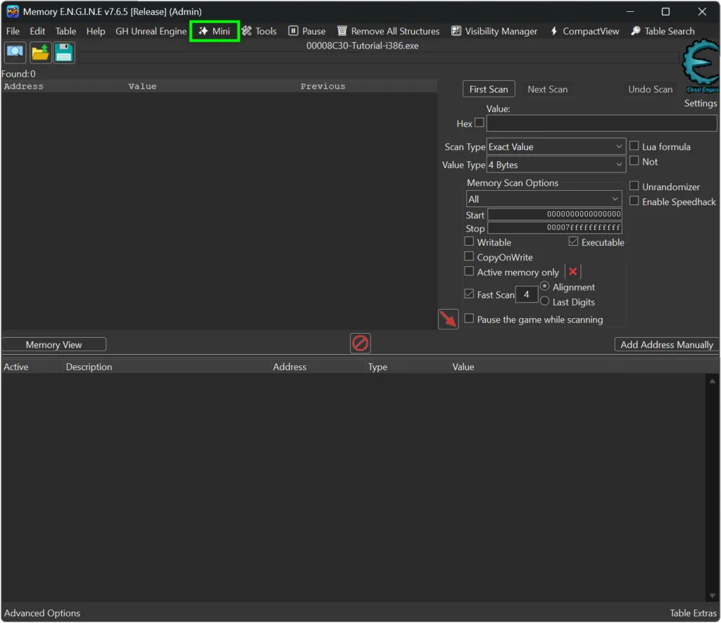 Cheat Engine main window in Restore mode with full scan options and interface panels visible