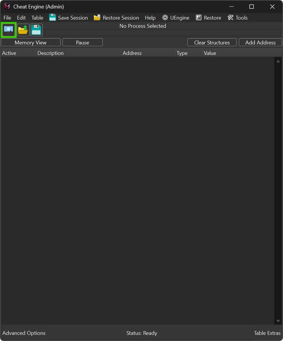 Cheat Engine main window in Restore mode with full scan options and interface panels visible