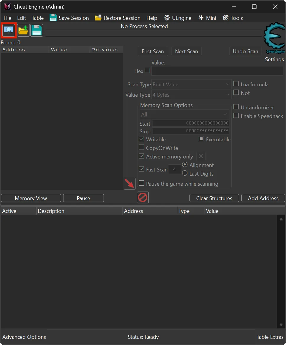 Cheat Engine compact Mini mode with scan options hidden for a clean and minimal workspace