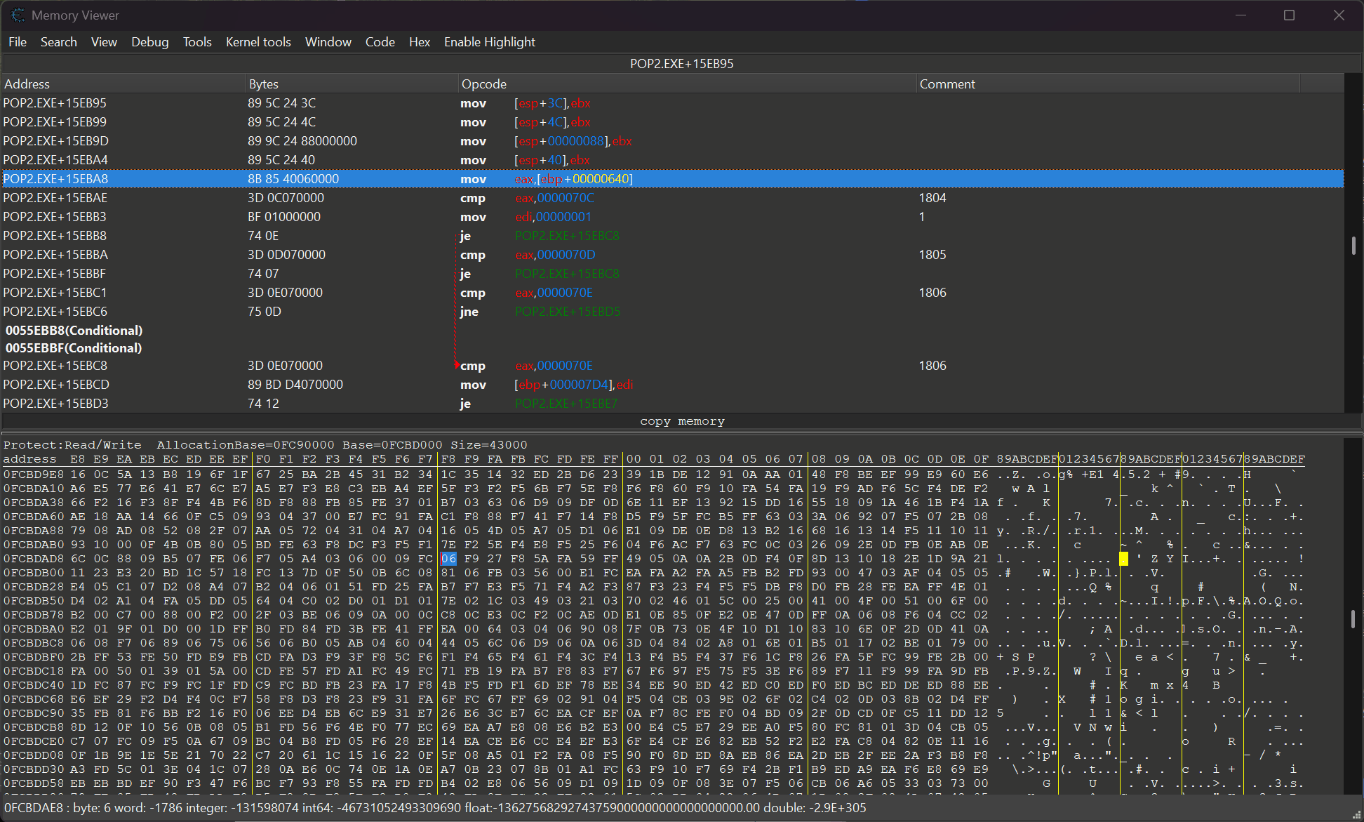 Cheat Engine plugin showing highlighted registers in Memory Viewer disassembler