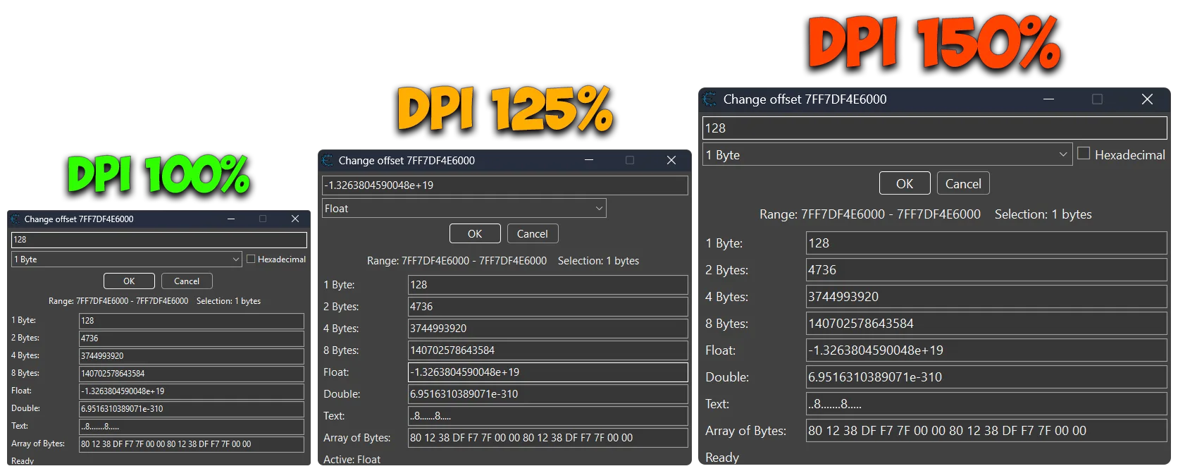 This image demonstrates DPI-aware scaling of the Modern Value Changer Cheat Engine plugin. The Memory Viewer interface remains properly aligned and readable across 100%, 125%, and 150% DPI settings, improving usability on high-resolution displays.