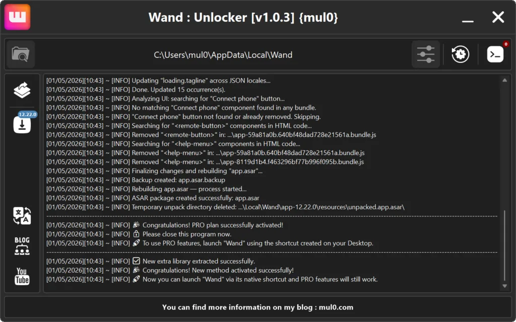 Wand Pro Unlocker interface showing PRO activation tool