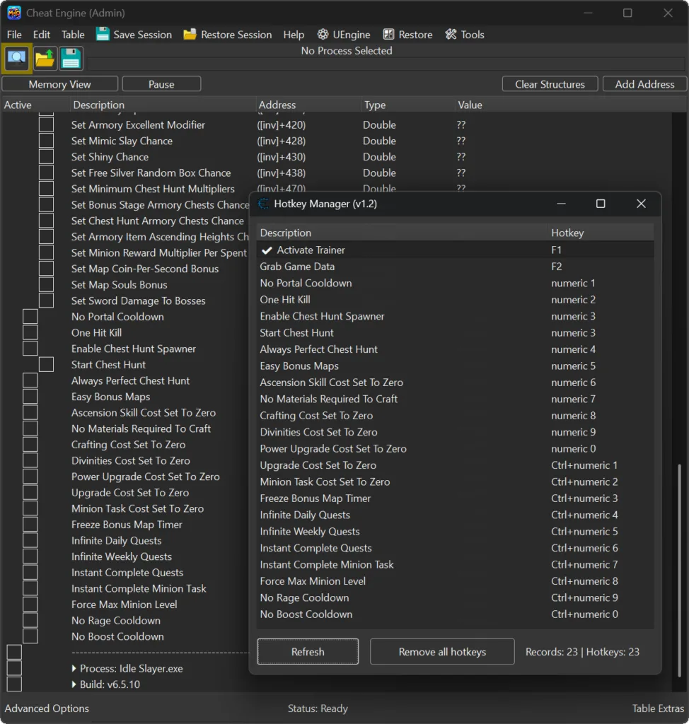 Idle Slayer Cheat Engine Table +65 gameplay screenshot with unlimited resources, edited player stats, boosted drop rates, instant upgrades, no cooldown features, and full control over game mechanics on Steam