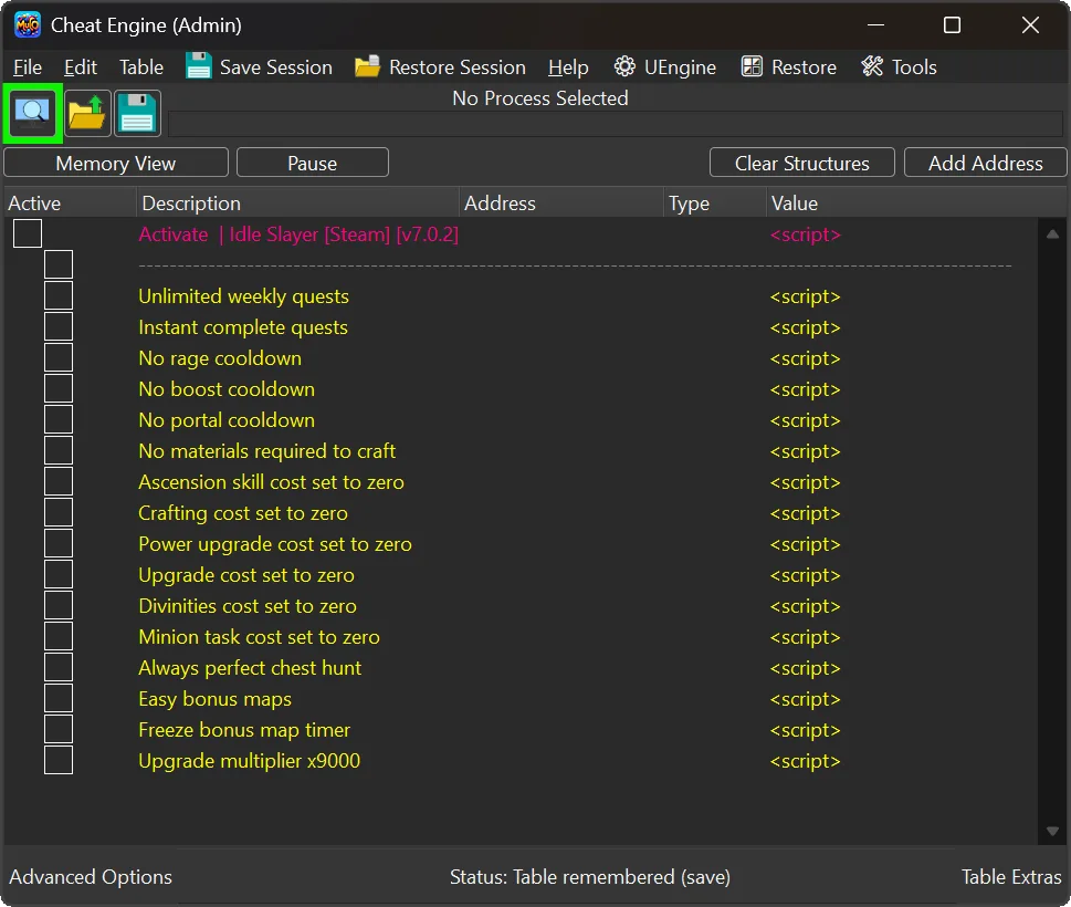 Idle Slayer Cheat Engine Table +16 for Steam v7.0.2 with instant quests, no cooldowns, free crafting, zero upgrade costs, perfect chest hunt, bonus map options, and upgrade multiplier x9000