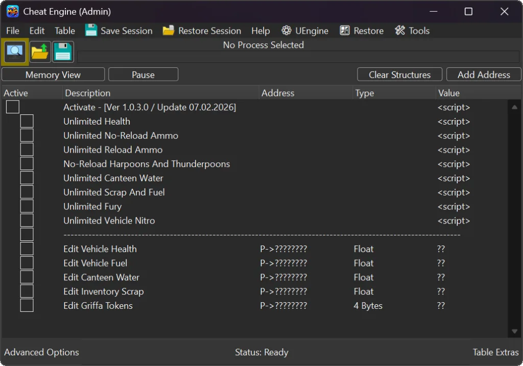 Mad Max v1.0.3.0 Cheat Engine Table download page with single-player cheats for unlimited health, no-reload ammo, unlimited scrap and unlimited vehicle nitro.