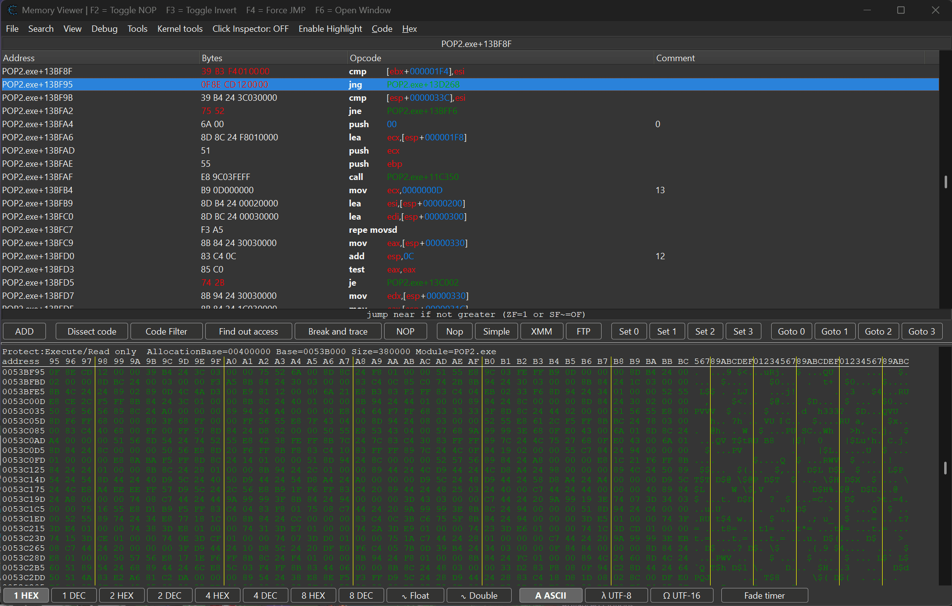 Cheat Engine Quick Jump Patch plugin interface in Memory Viewer showing NOP, JMP, and conditional jump patch options