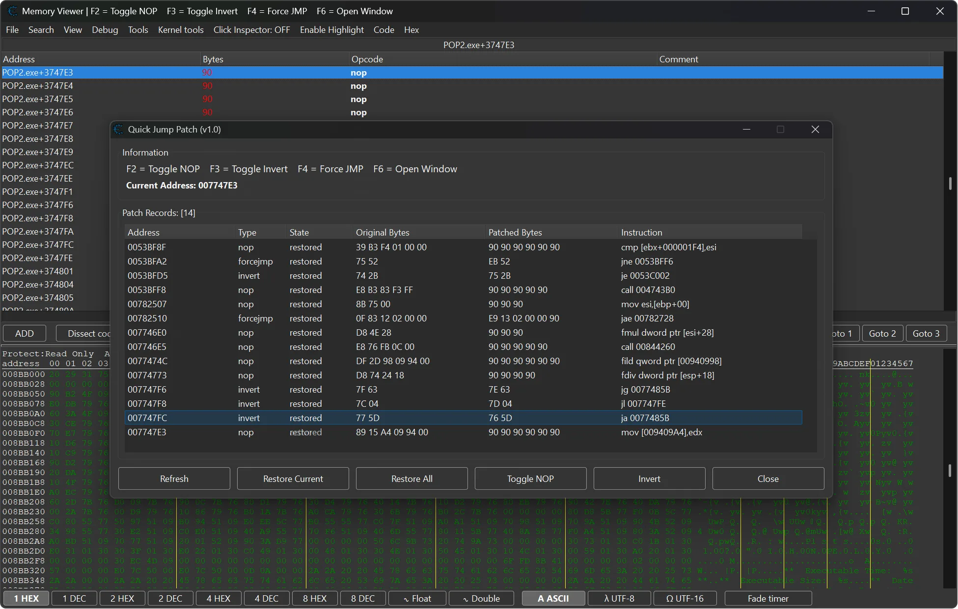 Cheat Engine Quick Jump Patch Patch Manager displaying active patches and instruction modifications