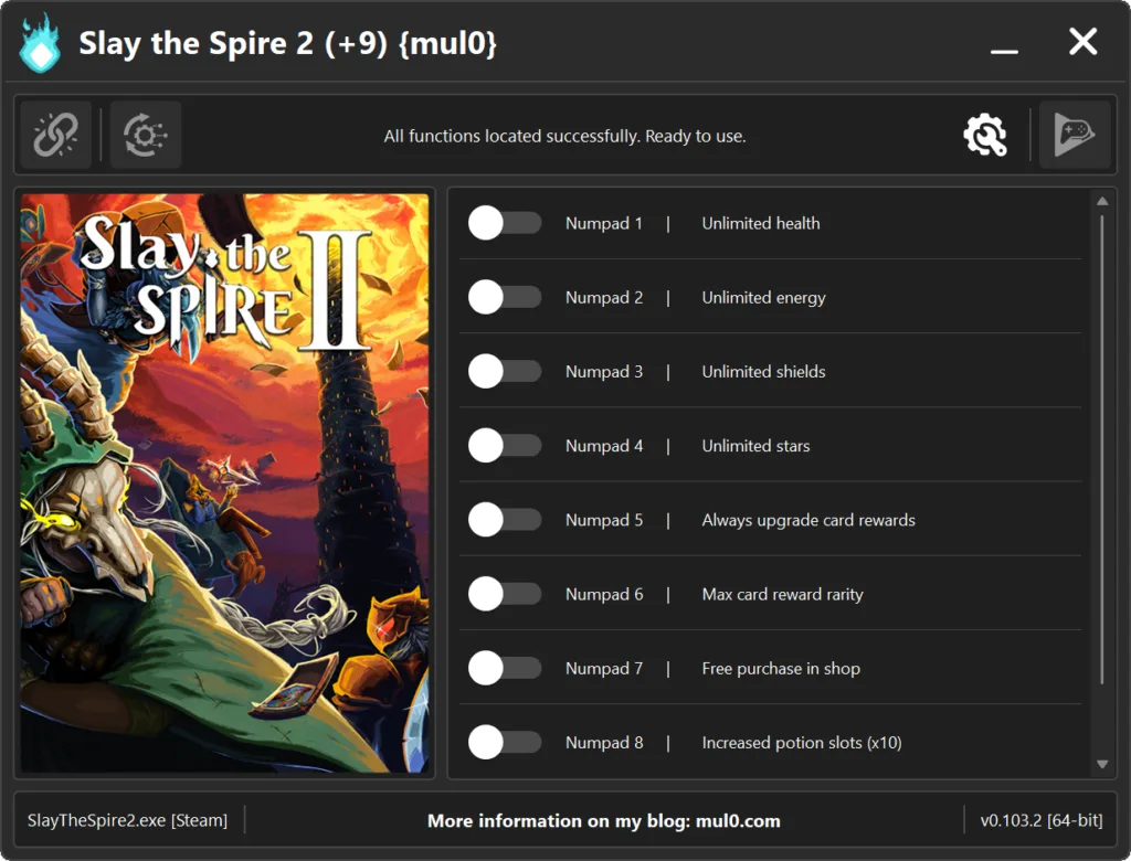 Slay the Spire 2 trainer by mul0 for PC, featuring unlimited health, unlimited energy, max card reward rarity, increased potion slots, and free shop purchases.