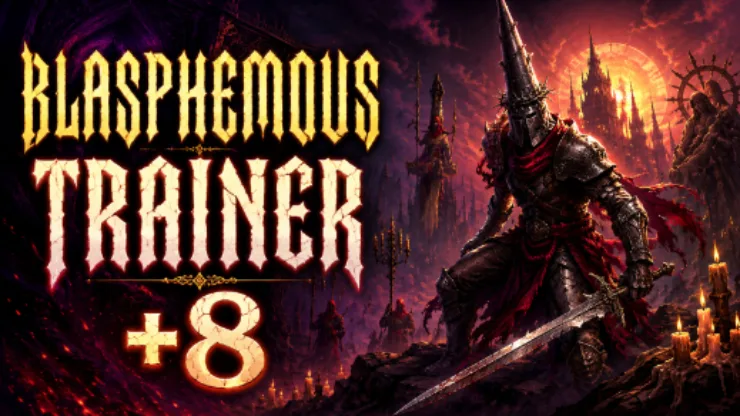 Blasphemous Trainer +8 game banner shows the title “BLASPHEMOUS TRAINER” in large distressed gold and red letters on the left, with a glowing “+8” beneath it, while the right side depicts a dark armored warrior holding a sword in a fiery, infernal castle landscape with orange flames and ominous silhouettes, suggesting a powerful upgrade or cheat trainer for the game