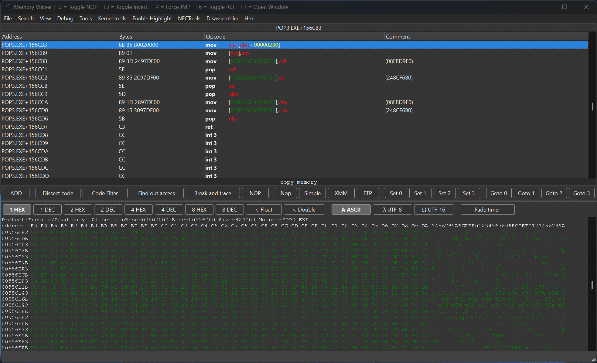 Address Details Cheat Engine plugin showing selected address information, memory page details, module data, bytes, and disassembly output inside Memory Viewer.