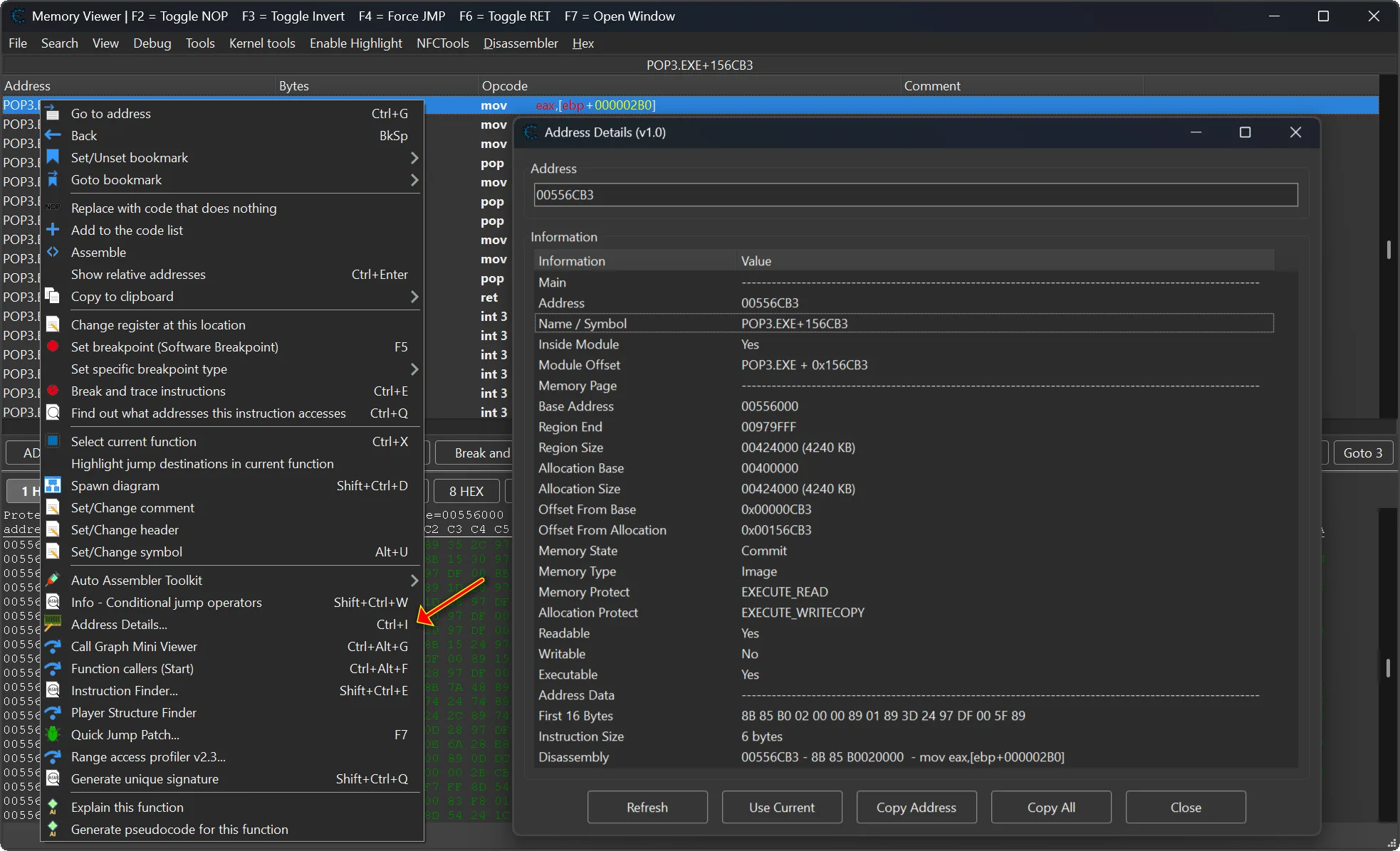 Cheat Engine Lua plugin by mul0 for inspecting address details, symbols, modules, memory protection flags, and instruction bytes.