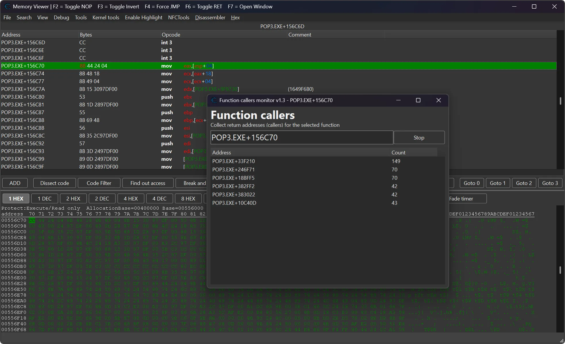 Callsite Monitor plugin window showing function callers in Cheat Engine