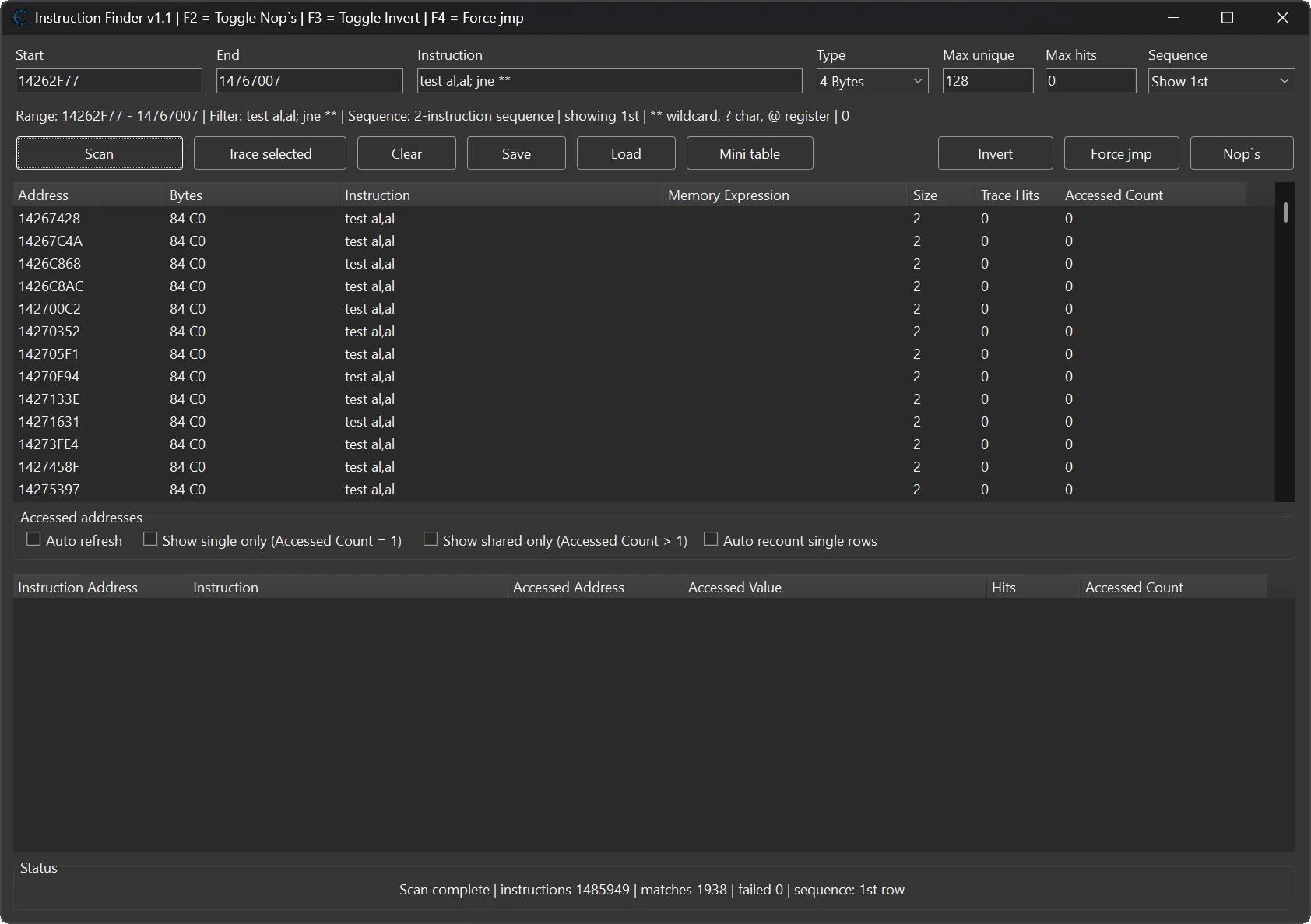 Cheat Engine Memory Viewer with the Instruction Finder plugin open, displaying instruction search results, trace hits, accessed addresses, and live memory values.