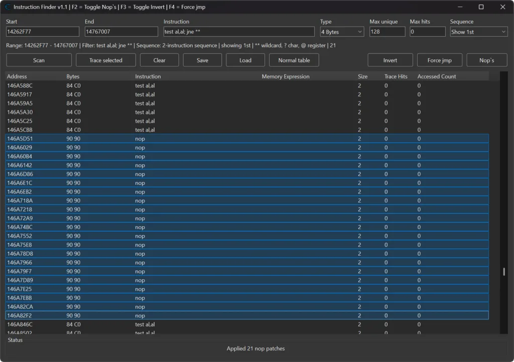Cheat Engine Memory Viewer running Instruction Finder v1.1 with scan range controls, instruction filters, result tables, and trace controls visible.