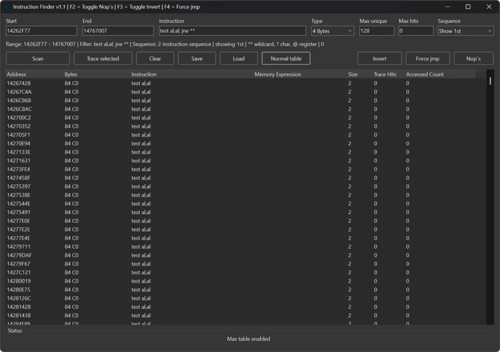 Cheat Engine Memory Viewer with the Instruction Finder v1.1 plugin open, showing instruction search results, trace data, accessed addresses, hit counts, and live memory values.