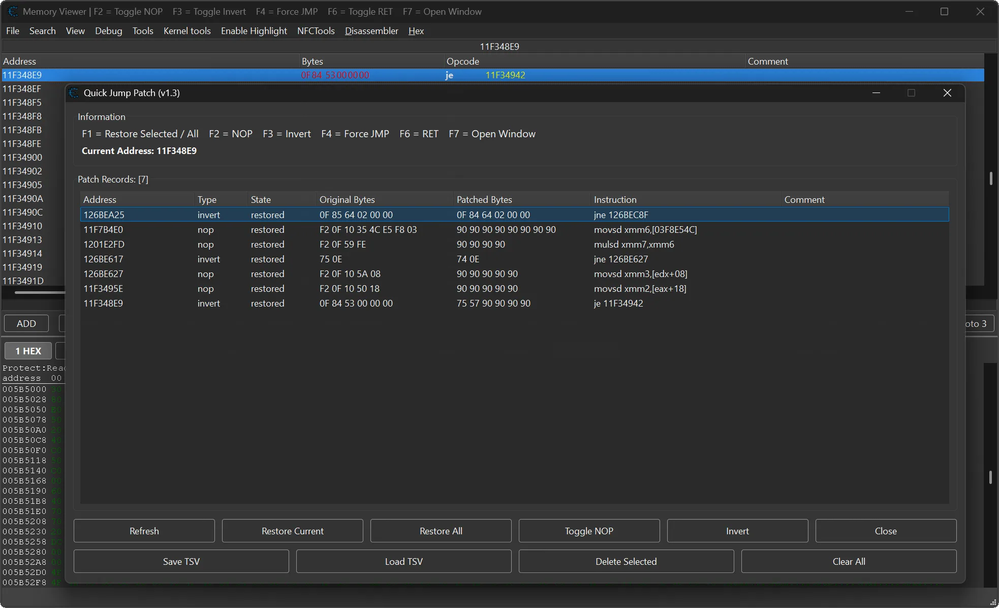 Cheat Engine Quick Jump Patch Patch Manager displaying active patches and instruction modifications
