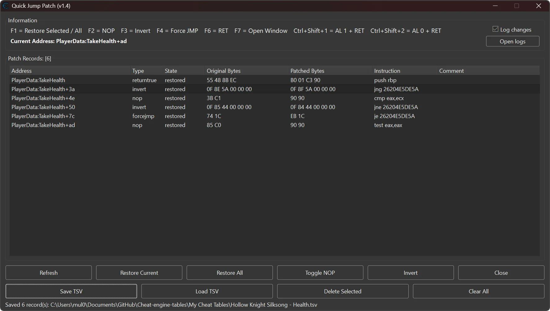 Cheat Engine Quick Jump Patch Patch Manager displaying active patches and instruction modifications