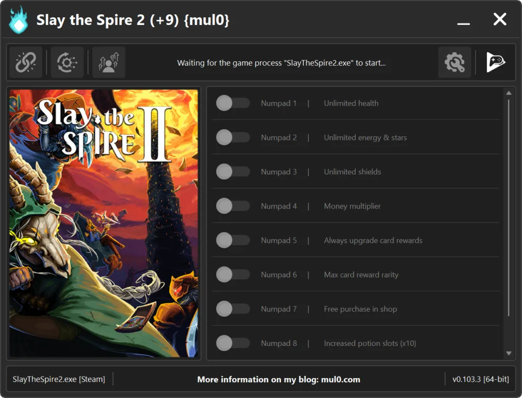 Slay the Spire 2 trainer by mul0 for PC, featuring unlimited health, unlimited energy and stars, unlimited shields, free shop purchases, upgraded card rewards, and increased card damage.