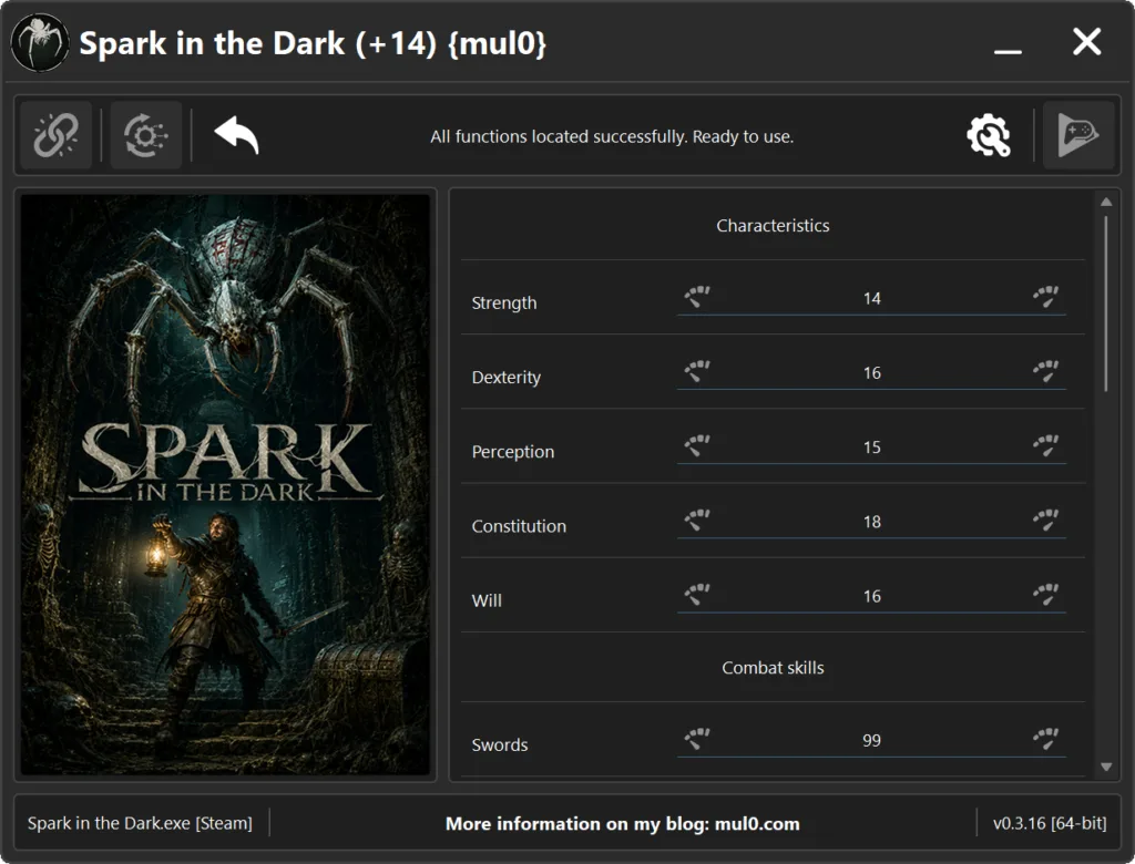 Screenshot of the “Spark in the Dark (+14) {mul0}” trainer interface showing a connected status message (“All functions located successfully. Ready to use.”) and feature toggles set to 99 for categories like Medium armors, Heavy armors, Shields, One-handed weapon, Two-handed weapon, and Abilities (1st and 2nd Ability). The left panel displays the game’s dark fantasy cover art, while the bottom bar shows “Spark in the Dark.exe [Steam]” and version “v0.3.16 [64-bit].”