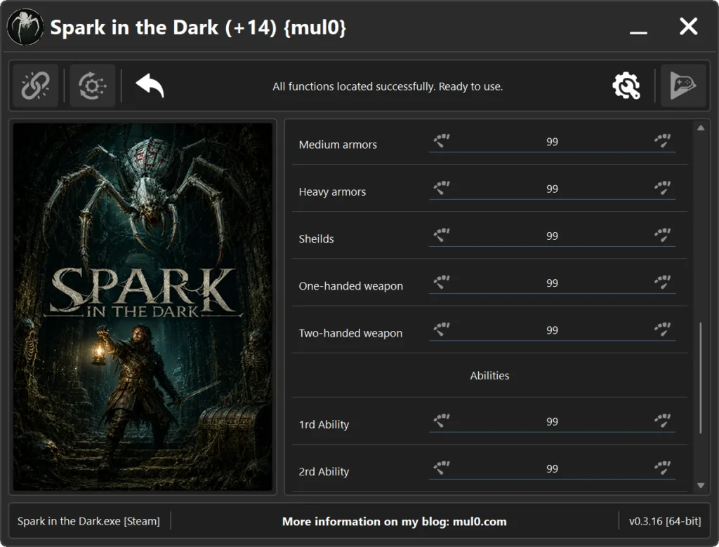 Spark in the Dark PC trainer v0.3.15 with cheat options for survival, stealth gameplay, item durability, movement speed, and dark environment exploration.