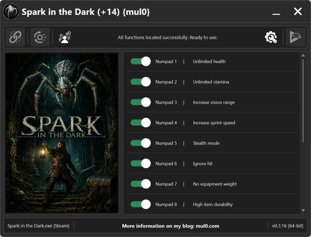Spark in the Dark trainer by mul0 showing gameplay features for health, stamina, vision range, stealth, equipment weight, and durability control.