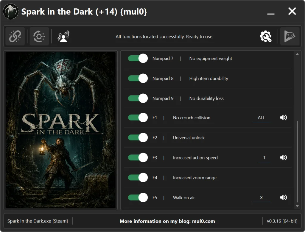 Spark in the Dark PC trainer v0.3.13 developed by mul0, featuring 14 essential cheat options for survival, stealth gameplay, item durability, movement speed, and dark environment exploration, showing the complete list of activated game features.