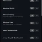 Скриншот мобильной панели “Remote Panel” в приложении “Wand Unlocker {MULO}”: вверху показано “Connected”, а ниже перечислены параметры игрока с переключателями “Off/On”, включая “Unlimited HP”, “Unlimited Shields”, “Unlimited Energy” (с подсказкой “When activated, energy won’t decrease.”), “Unlimited Stars”, “Always Reward Potion”, “Always Upgrade Card Rewards” и “Max Card Reward Rarity”, а также ползунок “Defense Multiplier” внизу
