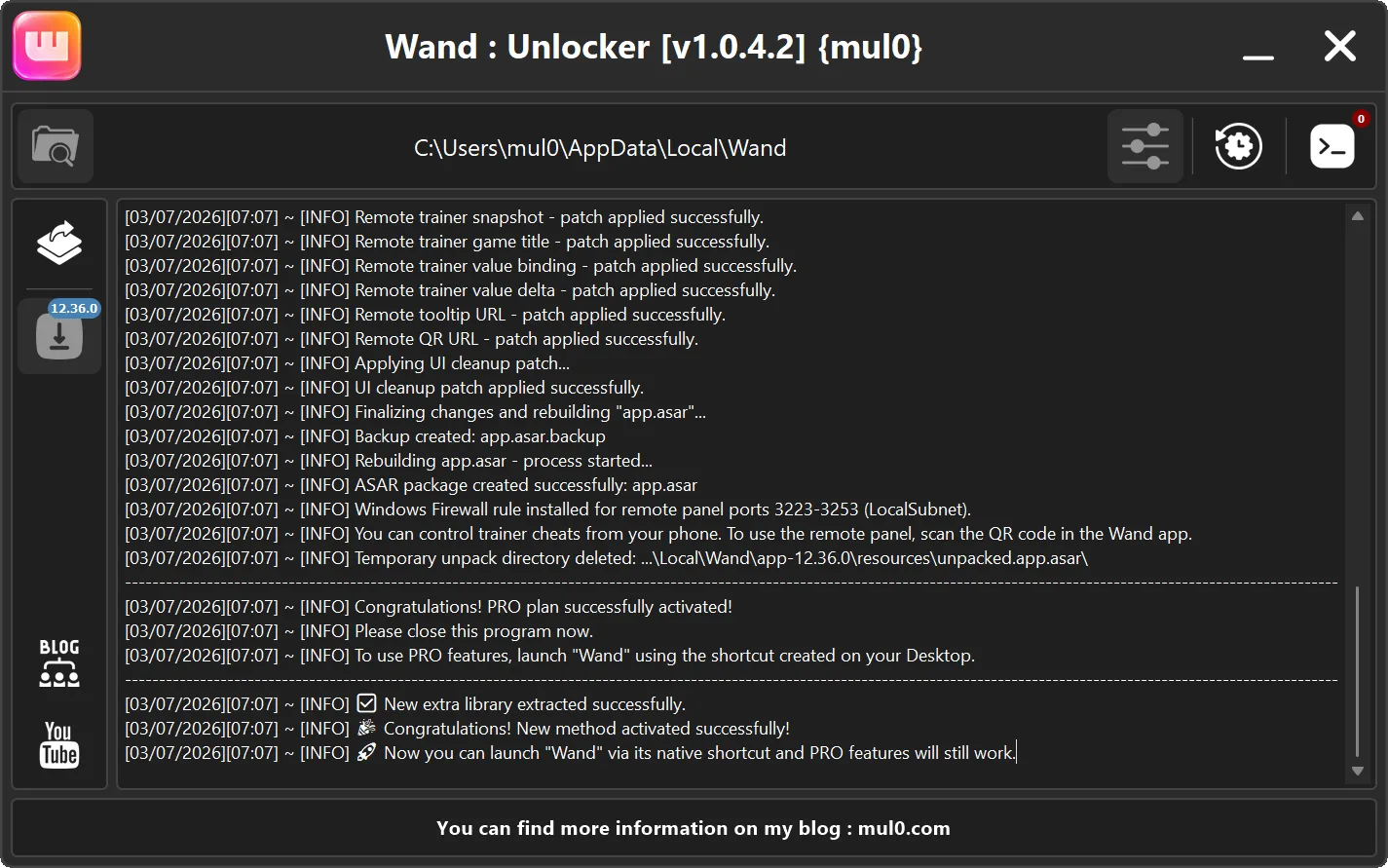 Wand Pro Unlocker interface showing PRO activation tool