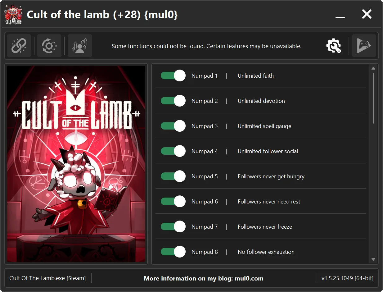 Cult of the Lamb Trainer +28 by mul0 for Steam version v1.5.25.1049