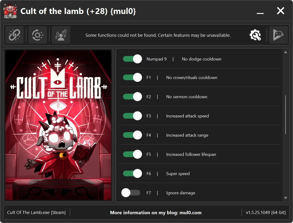 Cult of the Lamb trainer interface showing 28 gameplay options