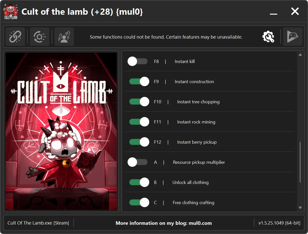 Cult of the Lamb trainer screenshot featuring no cooldown and instant kill options