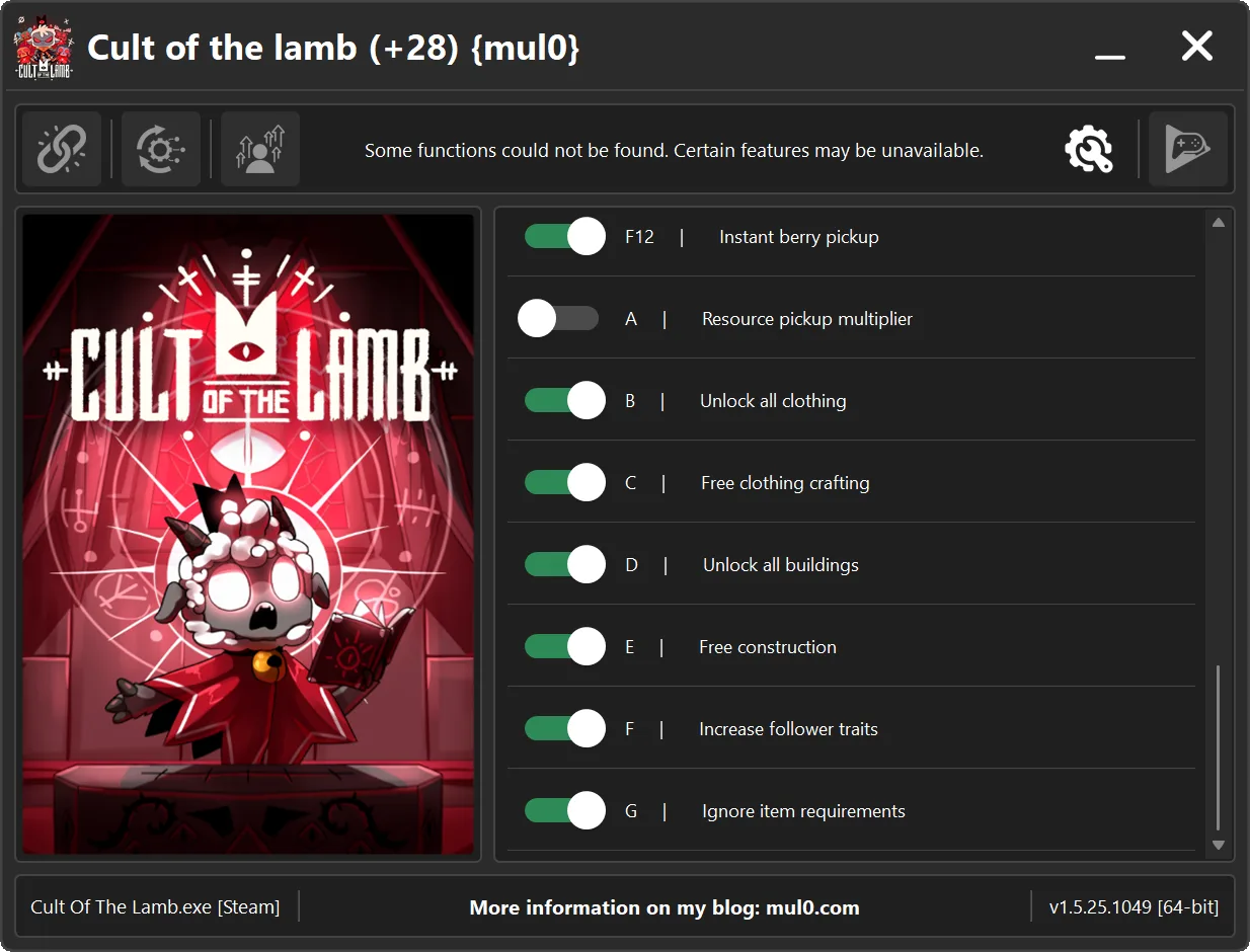 Cult of the Lamb trainer tool for single-player gameplay customization