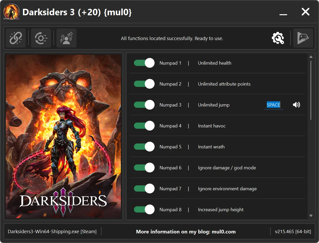 Darksiders 3 Trainer +20 main interface with unlimited health, attribute points and jump options