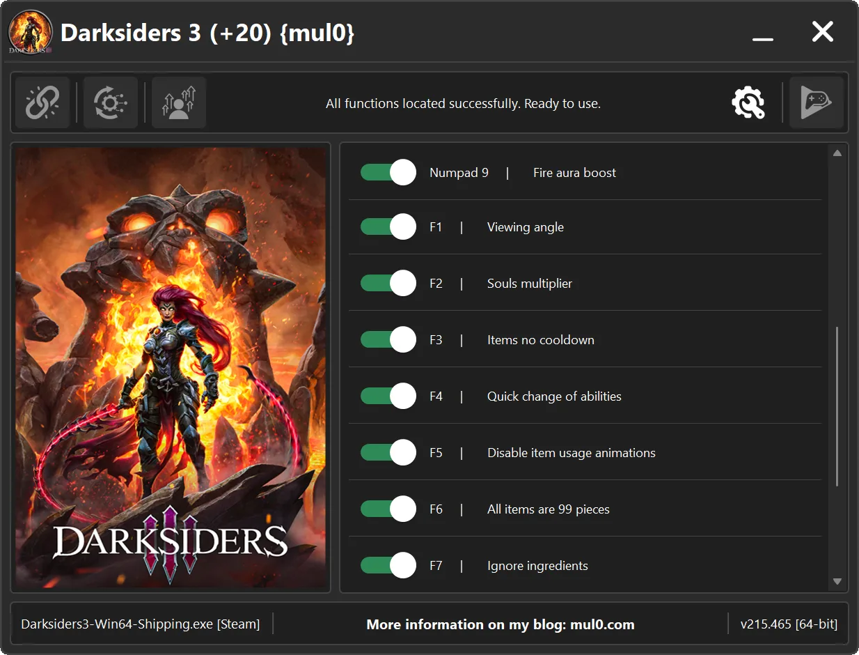 Darksiders III trainer fire aura, viewing angle, souls and inventory cheat options