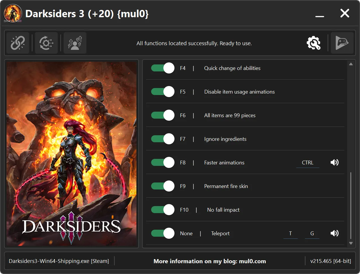 Darksiders 3 Trainer v215.465 animation, fire skin, fall impact and teleport controls