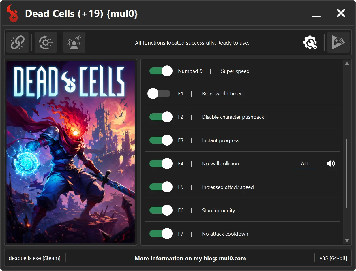 Dead Cells v35 trainer created by mul0, featuring unlimited resources, increased attack speed, wall collision control, and stun immunity.