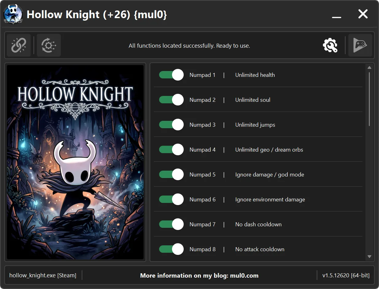 Hollow Knight Trainer +26 by mul0 survival, Soul, movement and damage options