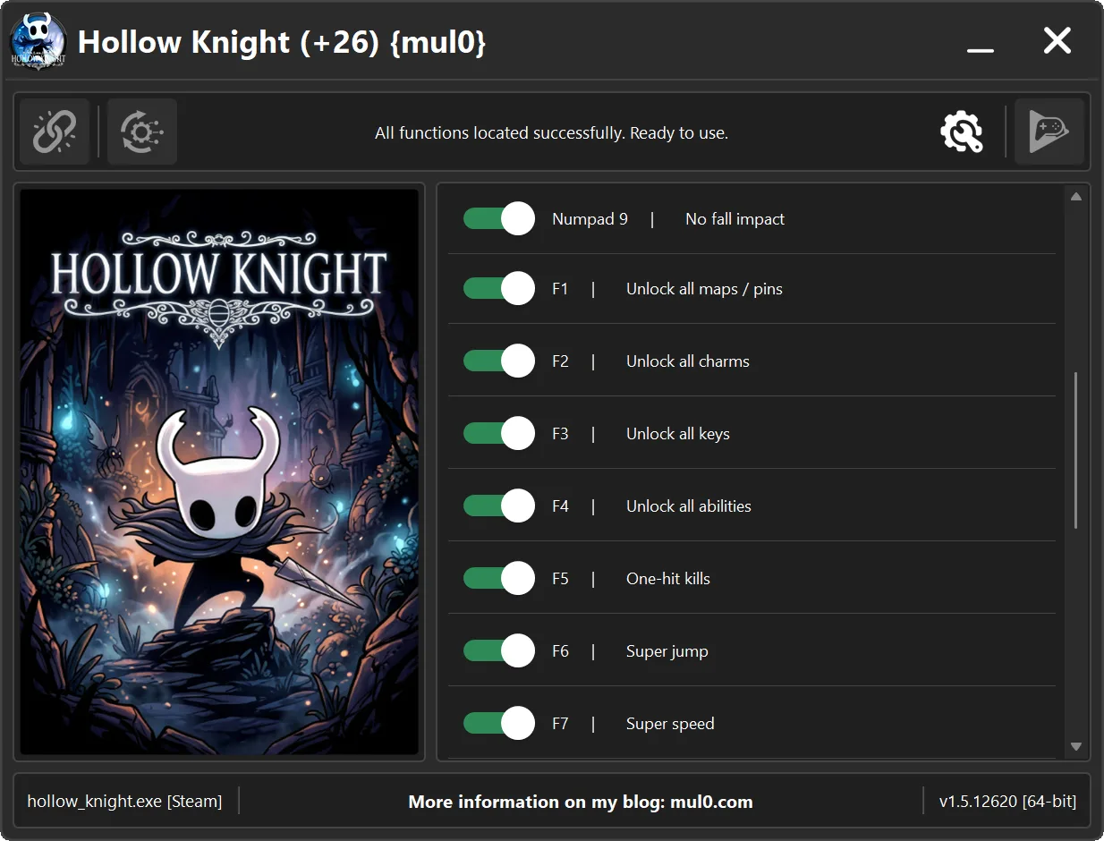 Hollow Knight Trainer map, charm, key and ability unlock features