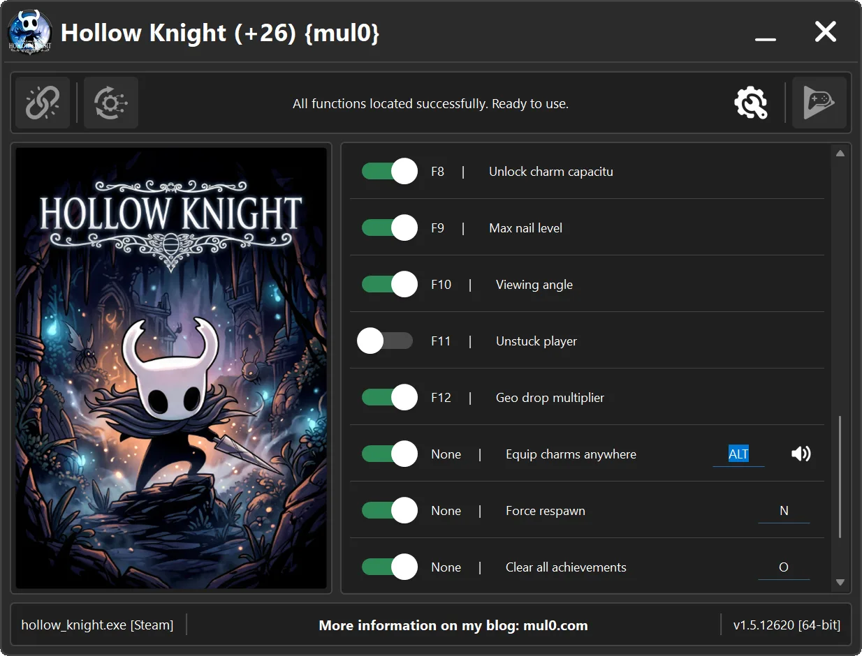 Hollow Knight Trainer combat, progression, camera, unstuck and teleport options