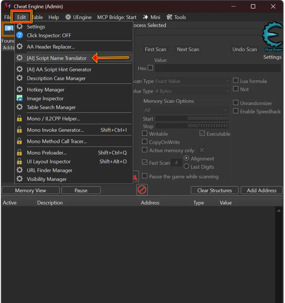The Cheat Engine plugin with one AA script selected, a list of generated Ukrainian name variants, and the Accept and Apply All actions highlighted.