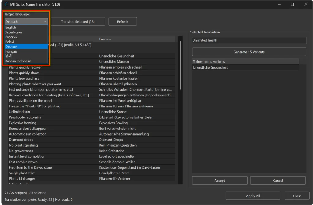 AA Script Description Translator language menu with eight target languages and German previews for selected Cheat Engine scripts