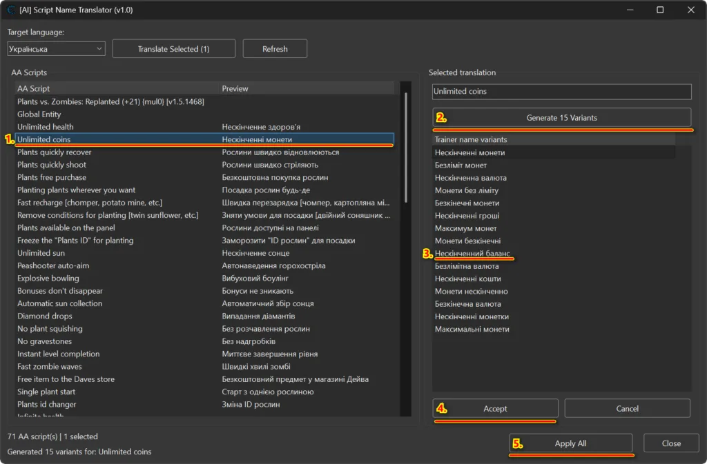 AA Script Description Translator showing multilingual previews and generated trainer name alternatives in Cheat Engine