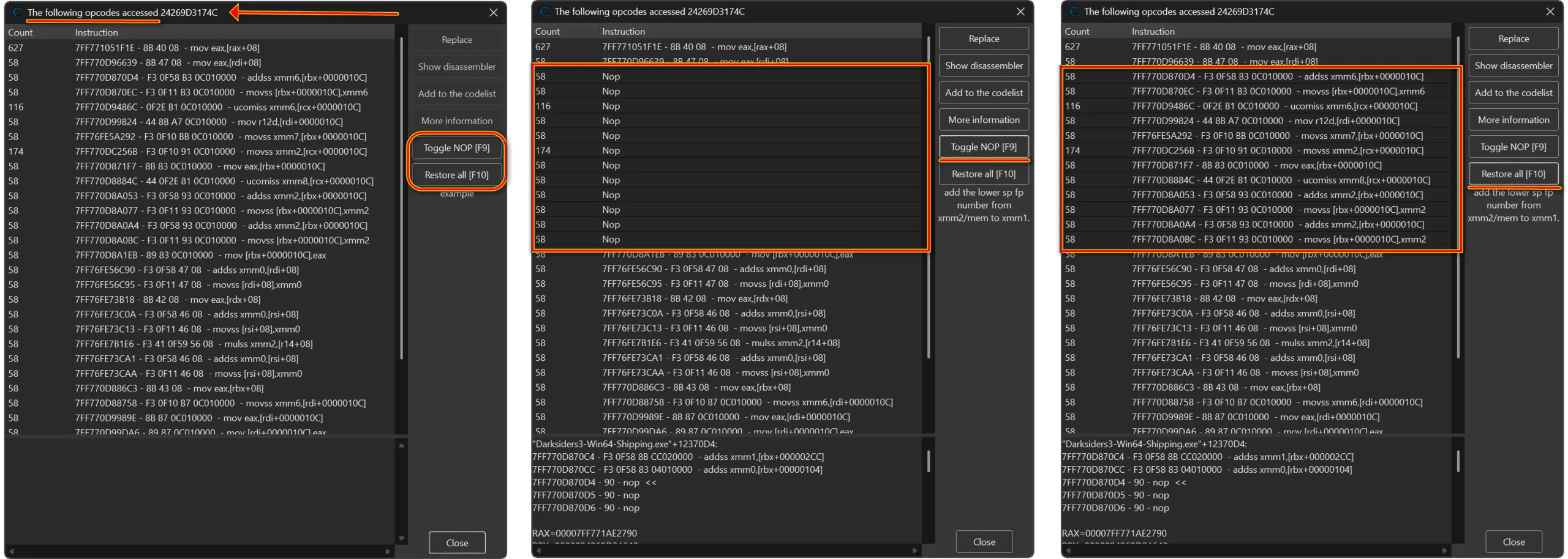 Accessed Opcodes – NOP Toggle — Cheat Engine Plugin Three Cheat Engine accessed-opcodes views showing the NOP Toggle buttons, patched Nop rows, and restored instructions