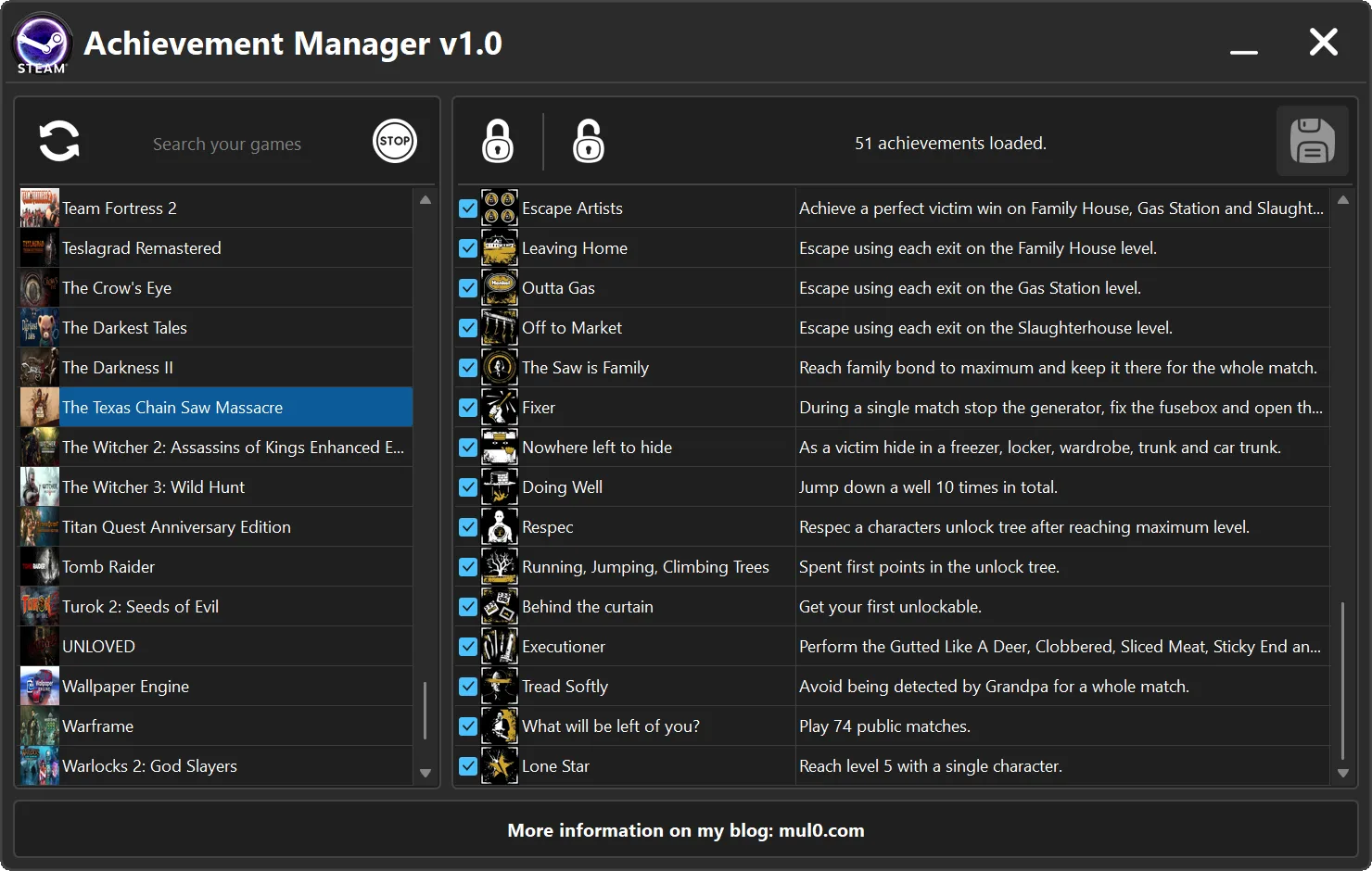 Steam Achievement Manager v1.0 displaying The Texas Chain Saw Massacre achievement states